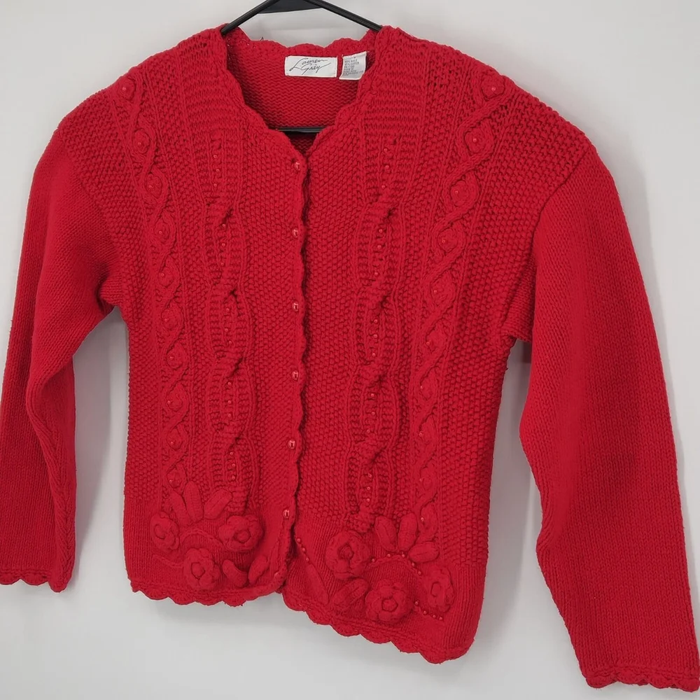 Vtg Red Cable Knit Heavy Cardigan Beaded Floral Academia Button Closure Medium